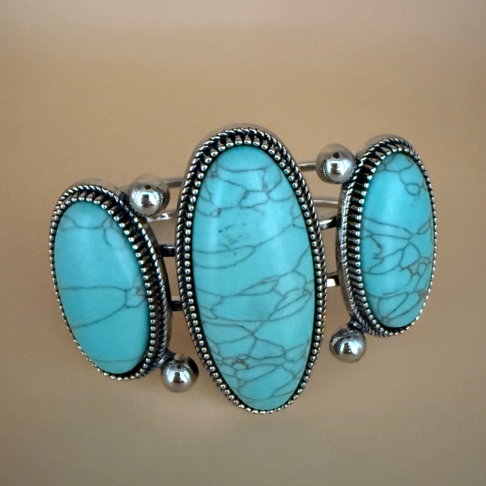 Hinged Cuff Bracelet, Dyed Stone, Silver Tone Metal Surround.Great Look For Less